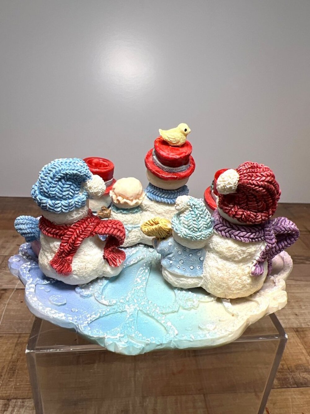 Snowman Family Figurine Set With Tea Party Scene On Purple Base - Picture 3 of 4